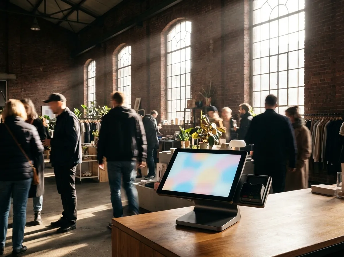 Touch-Kassenterminal auf einer Holztheke in einer Backstein-Industriehalle, im Hintergrund Kundschaft beim Einkaufen